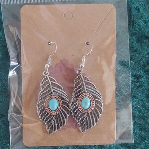 Silver and Turquoise Feather Earrings